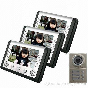 7-inch Monitor Video Intercom System, Work for 3 Families, 3 Monitors and 1 Camera